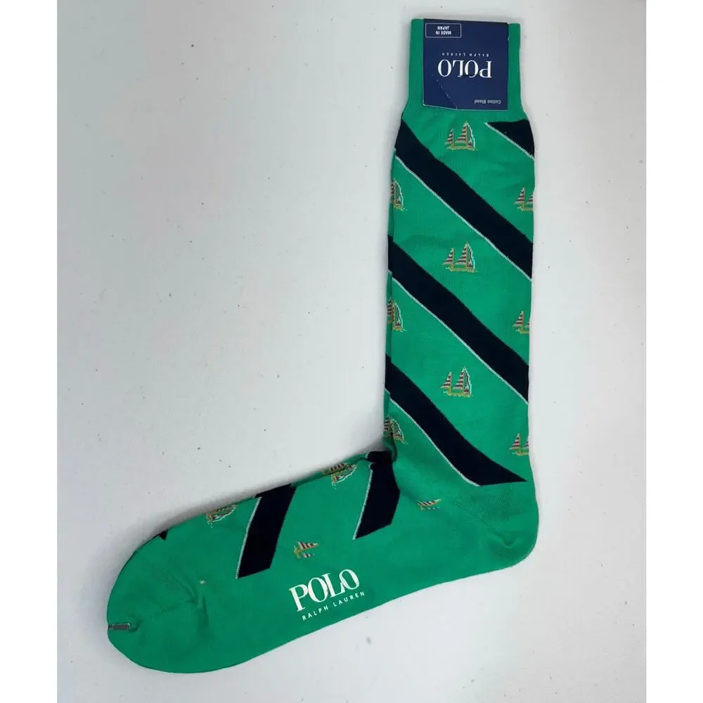 Polo Ralph Lauren Green Dress Socks Black Striped Sailboat Pattern Cotton Blend